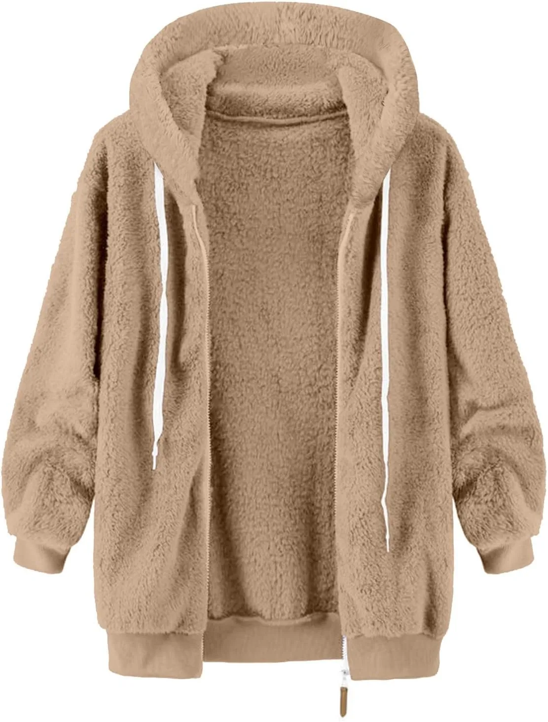 Womens Fleece Jacket With Hood Zip Up Fuzzy Sherpa Fur Jackets Winter Warm Shaggy Wool Coats Classic Hoodie Outerwear