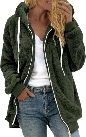 Womens Fleece Jacket With Hood Zip Up Fuzzy Sherpa Fur Jackets Winter Warm Shaggy Wool Coats Classic Hoodie Outerwear