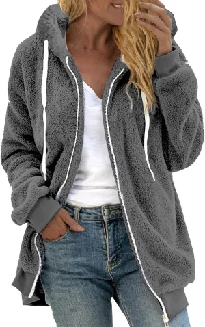 Womens Fleece Jacket With Hood Zip Up Fuzzy Sherpa Fur Jackets Winter Warm Shaggy Wool Coats Classic Hoodie Outerwear