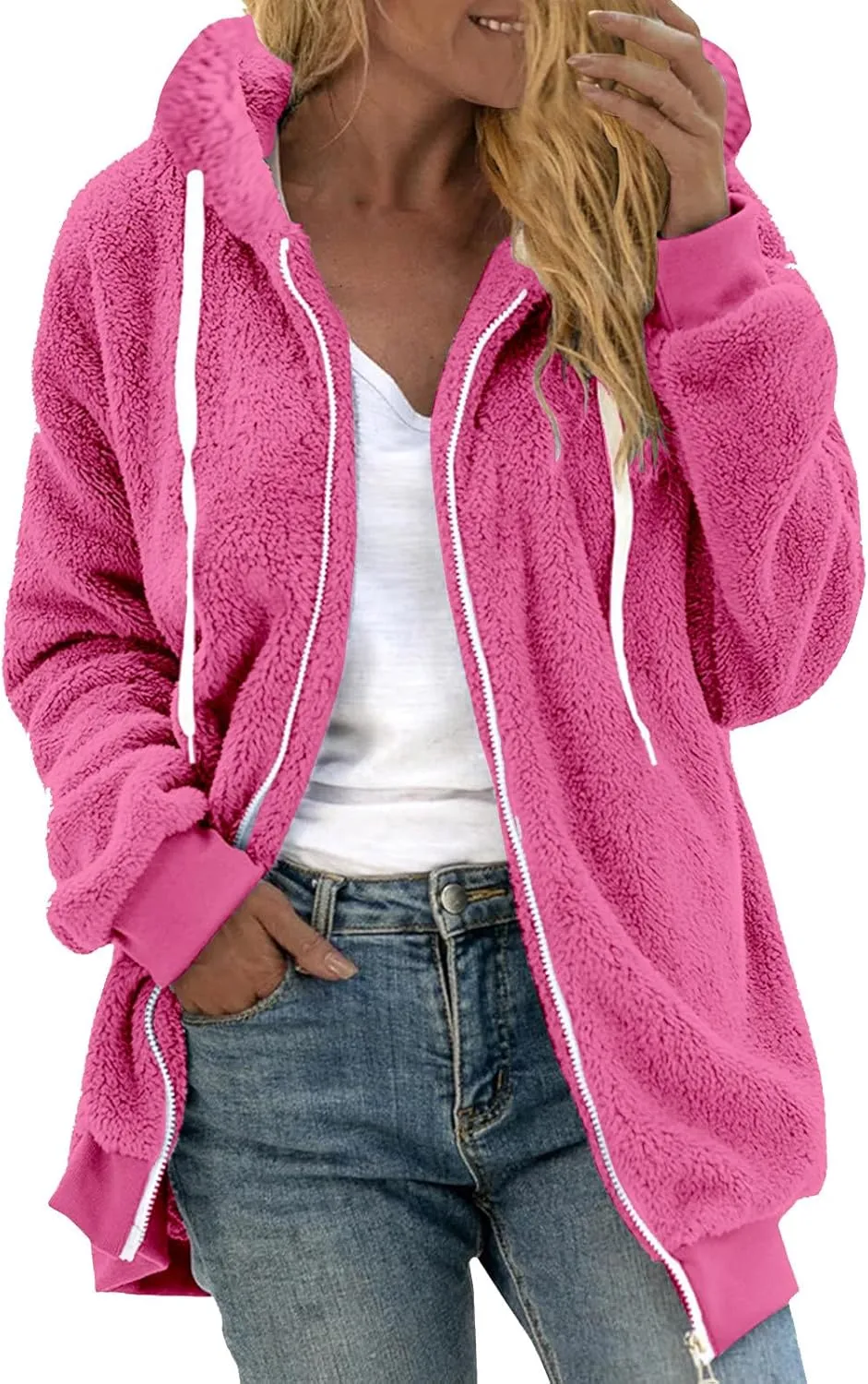 Womens Fleece Jacket With Hood Zip Up Fuzzy Sherpa Fur Jackets Winter Warm Shaggy Wool Coats Classic Hoodie Outerwear