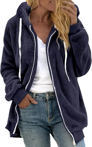 Womens Fleece Jacket With Hood Zip Up Fuzzy Sherpa Fur Jackets Winter Warm Shaggy Wool Coats Classic Hoodie Outerwear