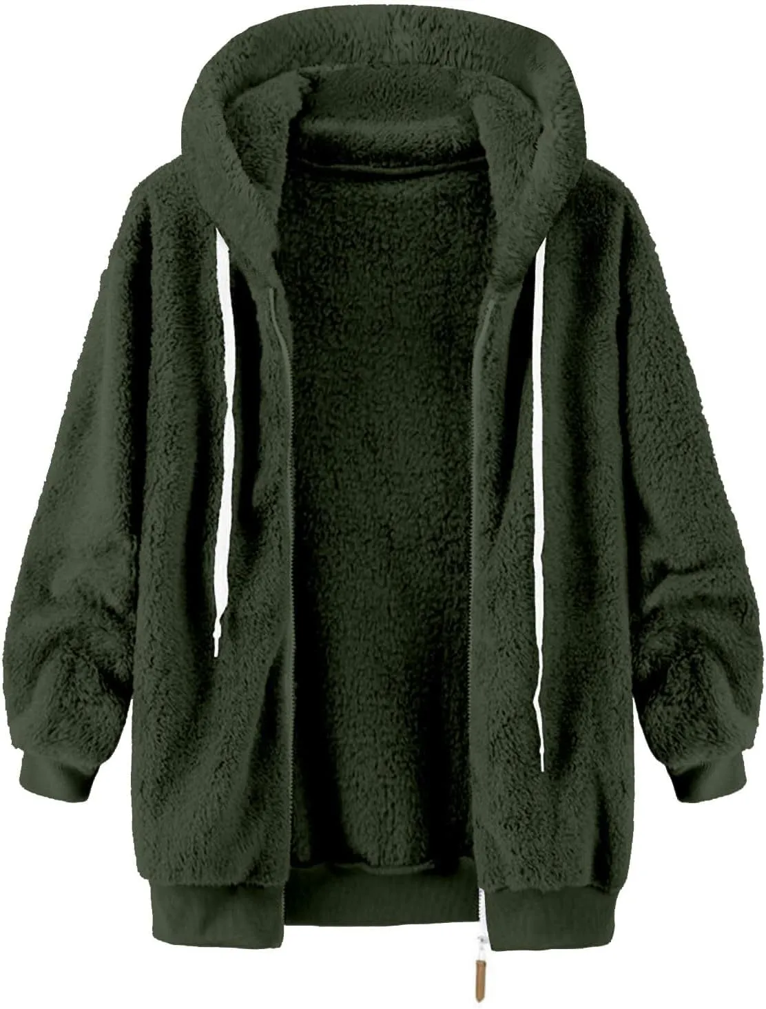 Womens Fleece Jacket With Hood Zip Up Fuzzy Sherpa Fur Jackets Winter Warm Shaggy Wool Coats Classic Hoodie Outerwear