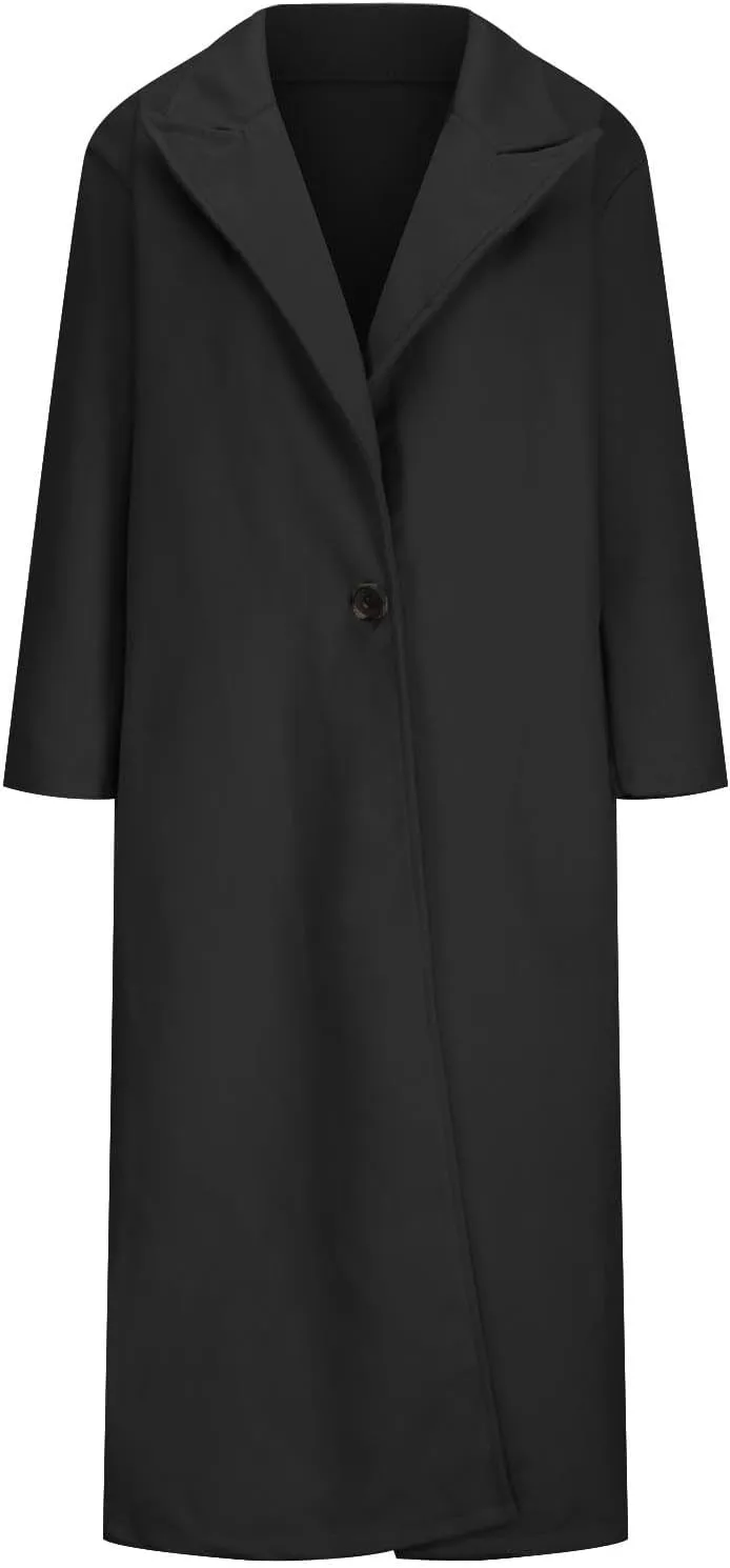 Women's Lapel Long Pea Coats Wool Blend Business Casual Trench Coats Long Sleeve Open Front Button Up Dressy Jackets