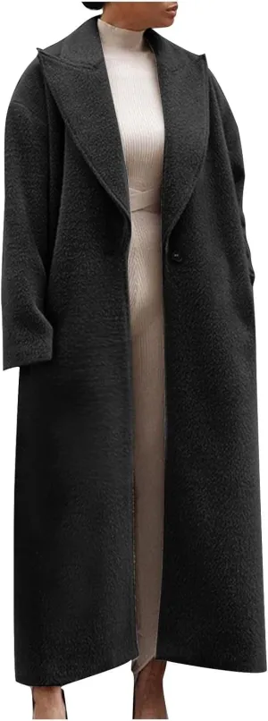 Women's Lapel Long Pea Coats Wool Blend Business Casual Trench Coats Long Sleeve Open Front Button Up Dressy Jackets