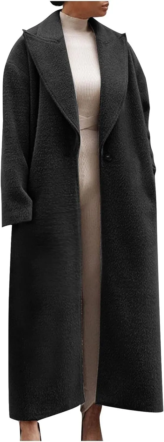 Women's Lapel Long Pea Coats Wool Blend Business Casual Trench Coats Long Sleeve Open Front Button Up Dressy Jackets