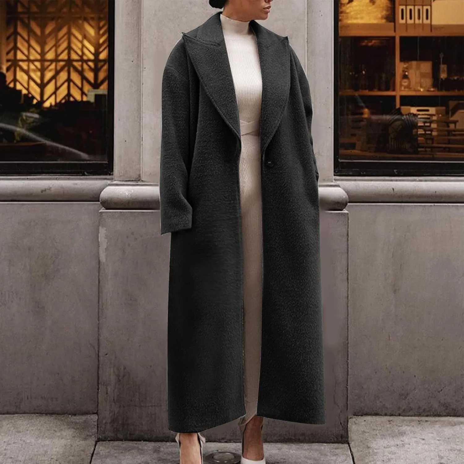 Women's Lapel Long Pea Coats Wool Blend Business Casual Trench Coats Long Sleeve Open Front Button Up Dressy Jackets
