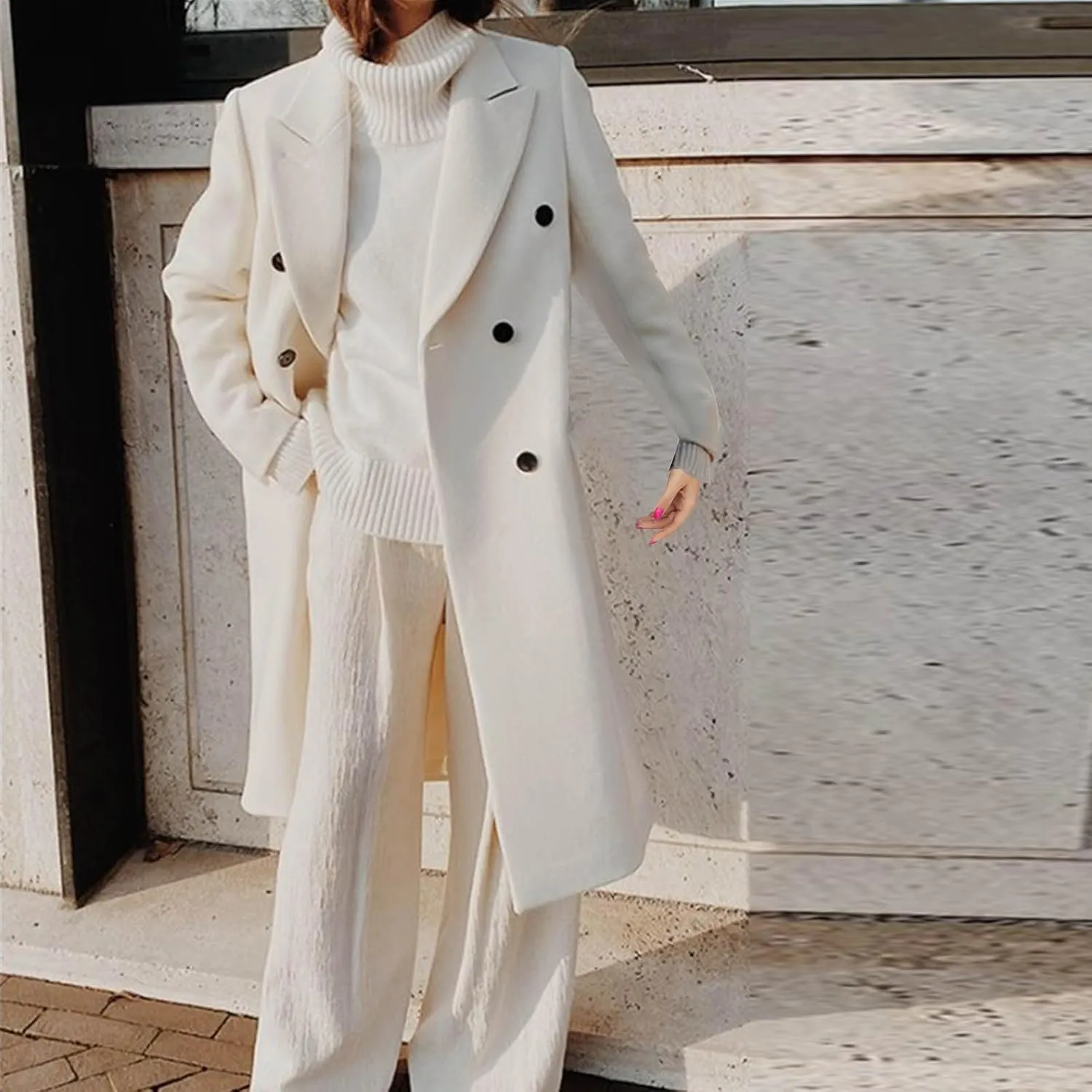 Women's Lapel Long Pea Coats Wool Blend Business Casual Trench Coats Long Sleeve Open Front Button Up Dressy Jackets