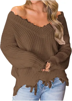 Womens Off The Shoulder V Neck Sweaters Cropped Casual Loose Chunky Knit Sweater Winter Spring Trendy Jumper Tops