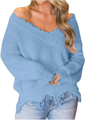 Womens Off The Shoulder V Neck Sweaters Cropped Casual Loose Chunky Knit Sweater Winter Spring Trendy Jumper Tops