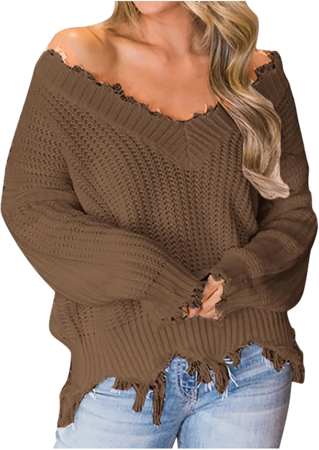 Womens Off The Shoulder V Neck Sweaters Cropped Casual Loose Chunky Knit Sweater Winter Spring Trendy Jumper Tops