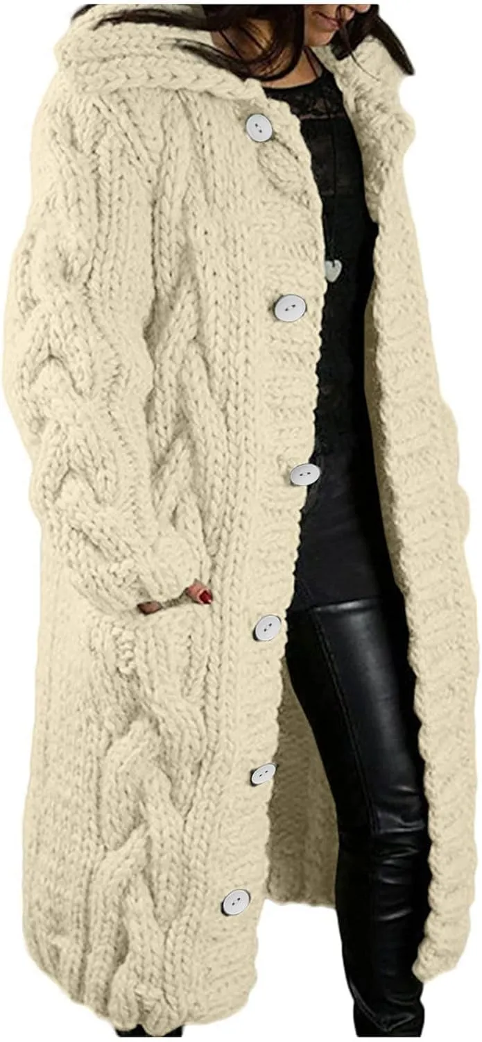 Women's Oversized Slouchy Cable Knit Chunky Open Front Sweater Coat with Pockets Fall Winter Outerwear Cardigan Jackets