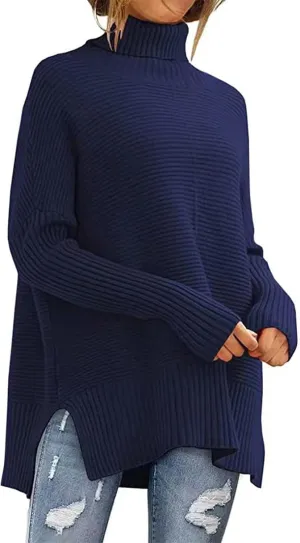 Women's Oversized Turtleneck Sweaters Fall Batwing Sleeve Ribbed Side Split Tunic Sweater Casual Pullover Knit Tops