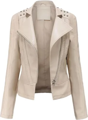 Women's Punk Rivet Leather Jacket Spring Autumn Retro Turndown Collar Casual Faux Leather Moto Biker Outerwear