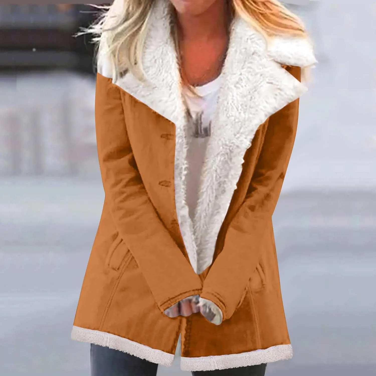 Womens Sherpa Lined Jacket Long Sleeve Button Down Fleece Fur Collar Coats Winter Warm Outerwear With Pockets
