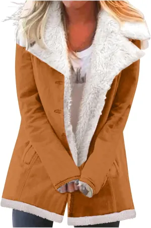 Womens Sherpa Lined Jacket Long Sleeve Button Down Fleece Fur Collar Coats Winter Warm Outerwear With Pockets
