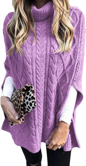 Women's Turtleneck Sweater Long Sleeve Chunky Knit Poncho Sweater Cape Wrap Pullover Fashion Fall Winter Jumper Tops