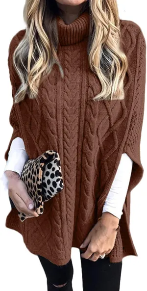 Women's Turtleneck Sweater Long Sleeve Chunky Knit Poncho Sweater Cape Wrap Pullover Fashion Fall Winter Jumper Tops
