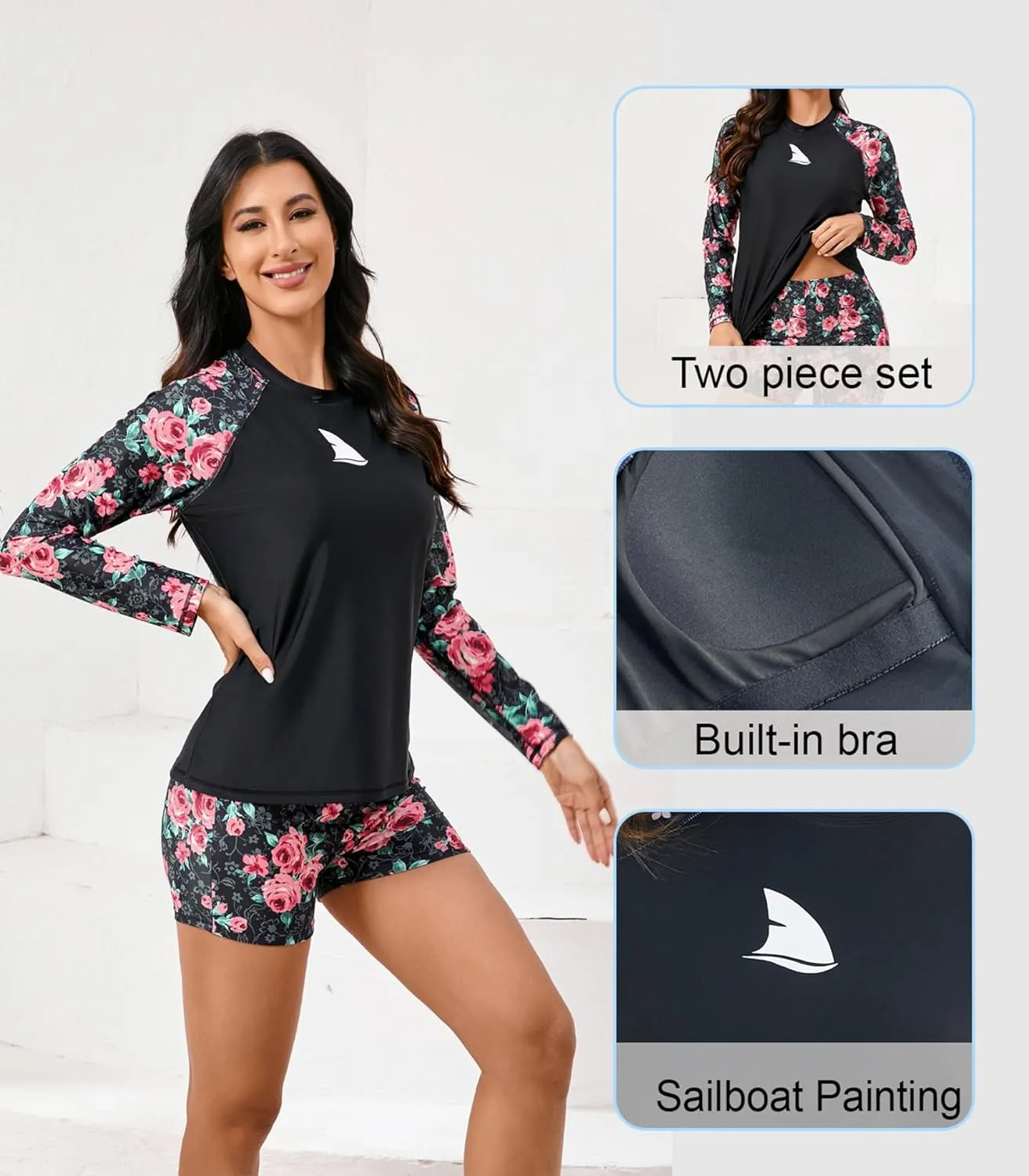 Womens Two Piece Long Sleeve Rash Guard Sets with Built in Bra Swim Shirts and Shorts UPF50  Swimsuit