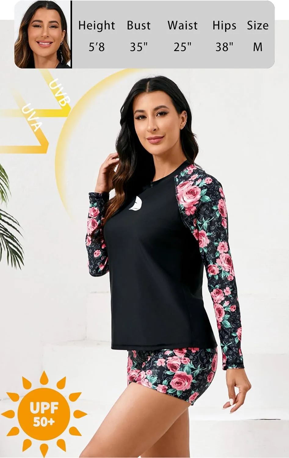 Womens Two Piece Long Sleeve Rash Guard Sets with Built in Bra Swim Shirts and Shorts UPF50  Swimsuit