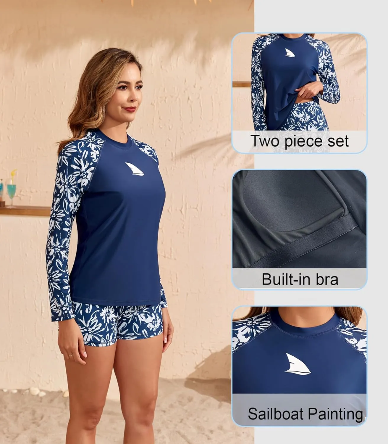 Womens Two Piece Long Sleeve Rash Guard Sets with Built in Bra Swim Shirts and Shorts UPF50  Swimsuit
