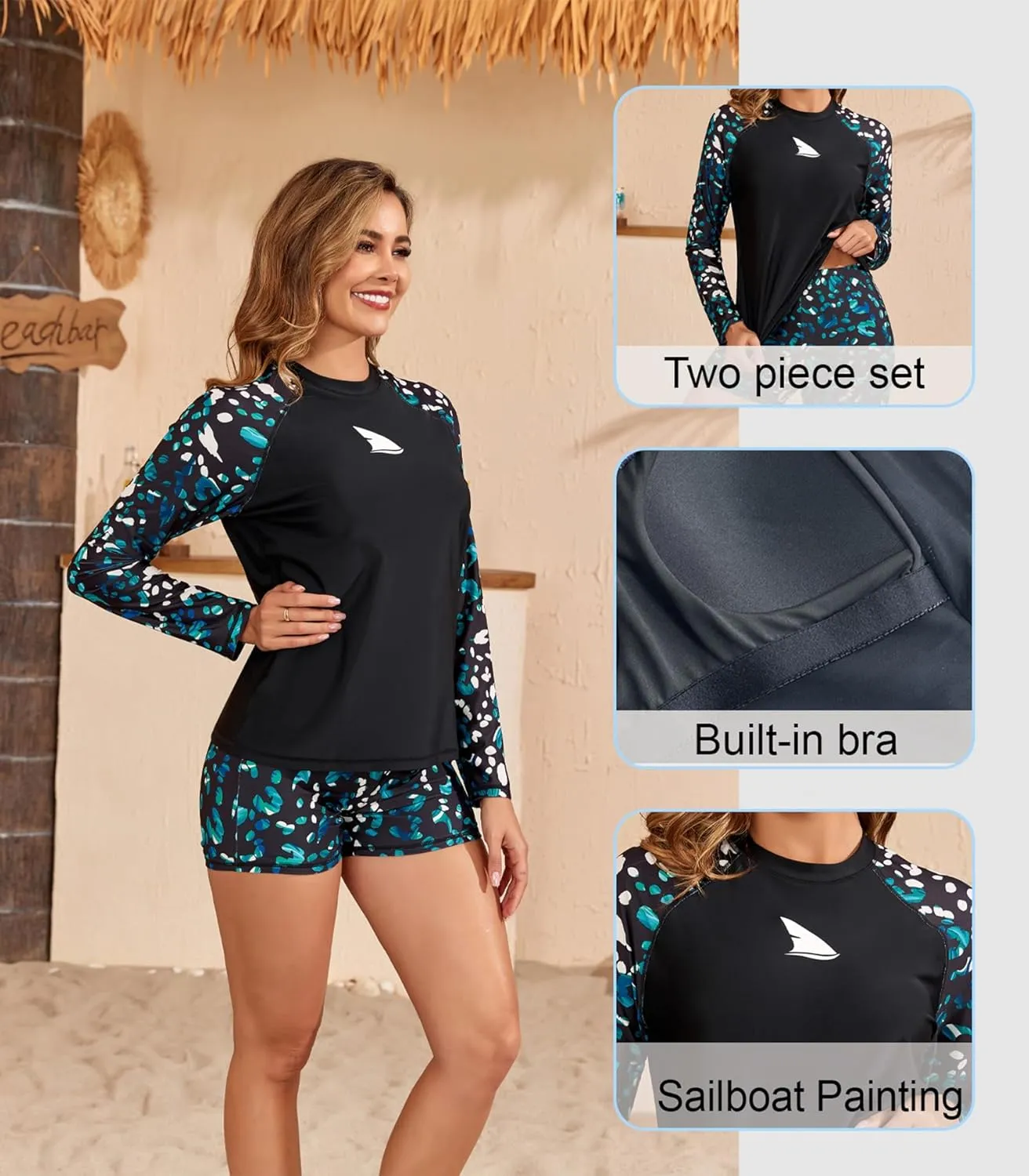 Womens Two Piece Long Sleeve Rash Guard Sets with Built in Bra Swim Shirts and Shorts UPF50  Swimsuit