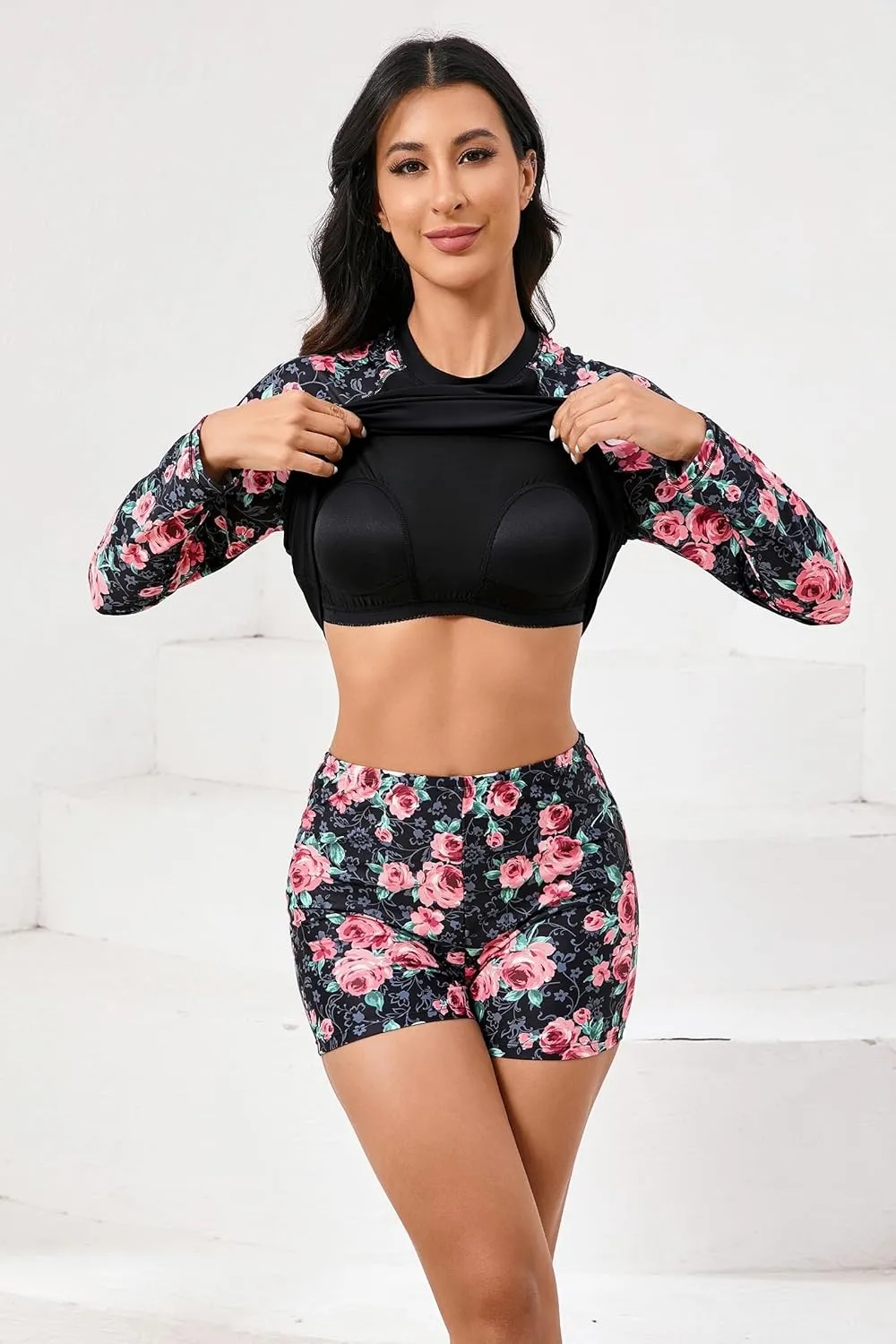 Womens Two Piece Long Sleeve Rash Guard Sets with Built in Bra Swim Shirts and Shorts UPF50  Swimsuit
