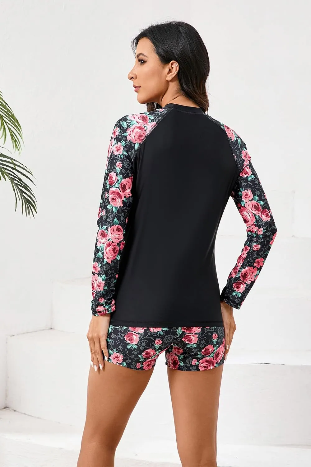 Womens Two Piece Long Sleeve Rash Guard Sets with Built in Bra Swim Shirts and Shorts UPF50  Swimsuit
