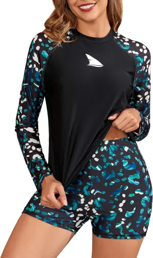 Womens Two Piece Long Sleeve Rash Guard Sets with Built in Bra Swim Shirts and Shorts UPF50  Swimsuit