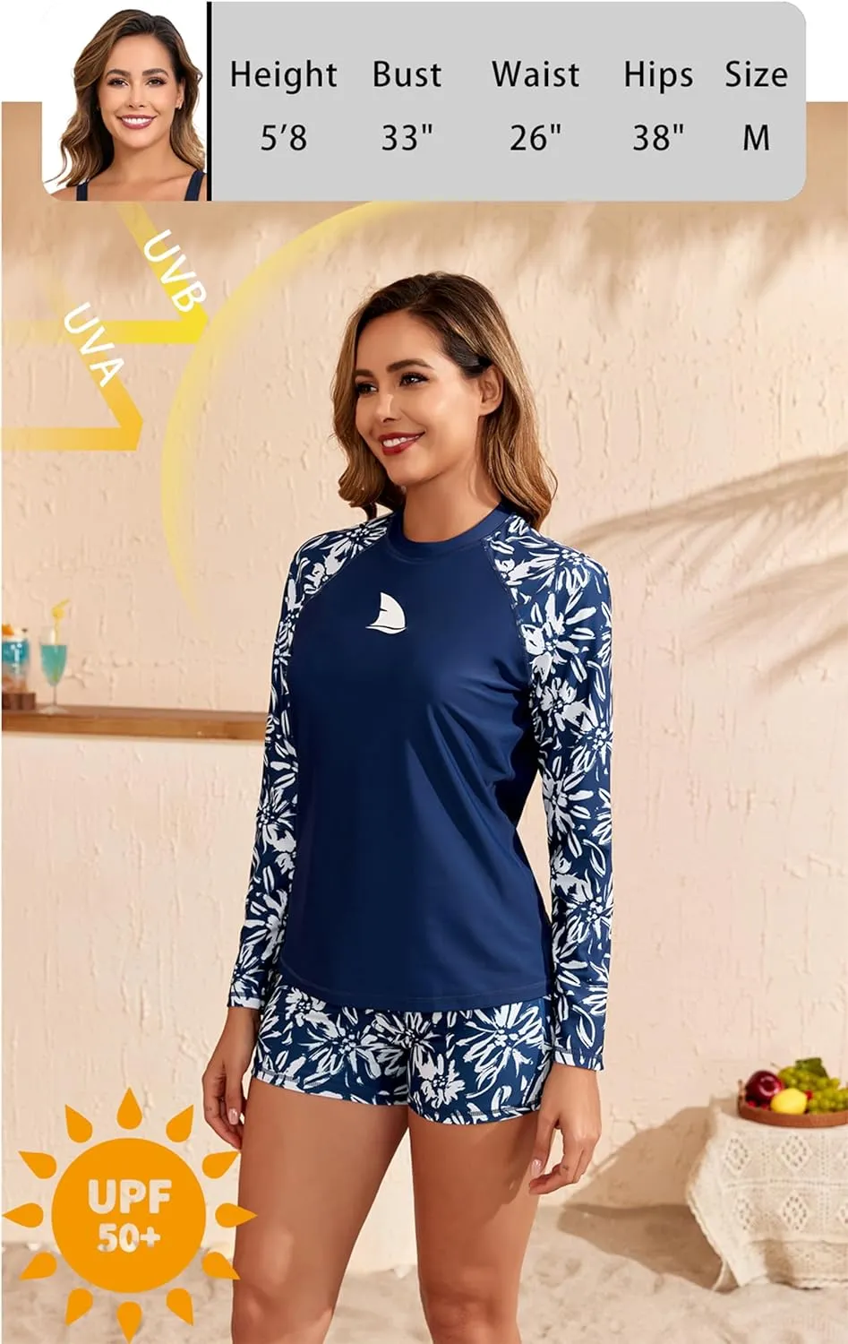 Womens Two Piece Long Sleeve Rash Guard Sets with Built in Bra Swim Shirts and Shorts UPF50  Swimsuit