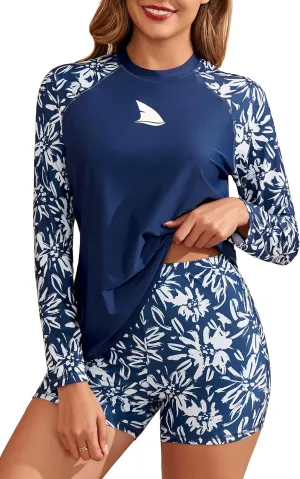 Womens Two Piece Long Sleeve Rash Guard Sets with Built in Bra Swim Shirts and Shorts UPF50  Swimsuit