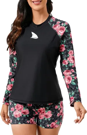 Womens Two Piece Long Sleeve Rash Guard Sets with Built in Bra Swim Shirts and Shorts UPF50  Swimsuit