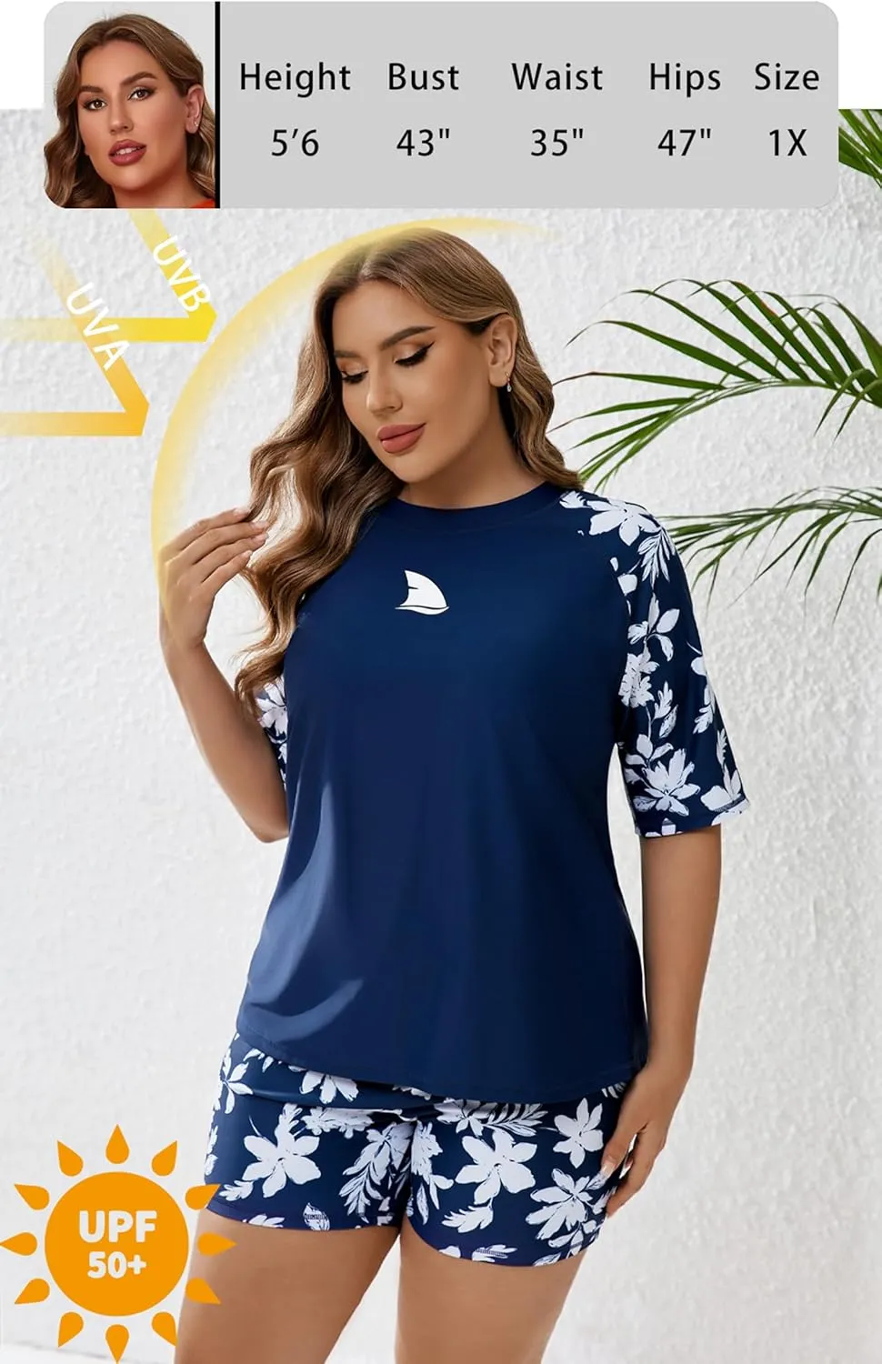 Womens Two Piece Plus Size Short Sleeve Rash Guard Sets Modest Swim Shirts Top and Shorts UPF50  Swimsuit