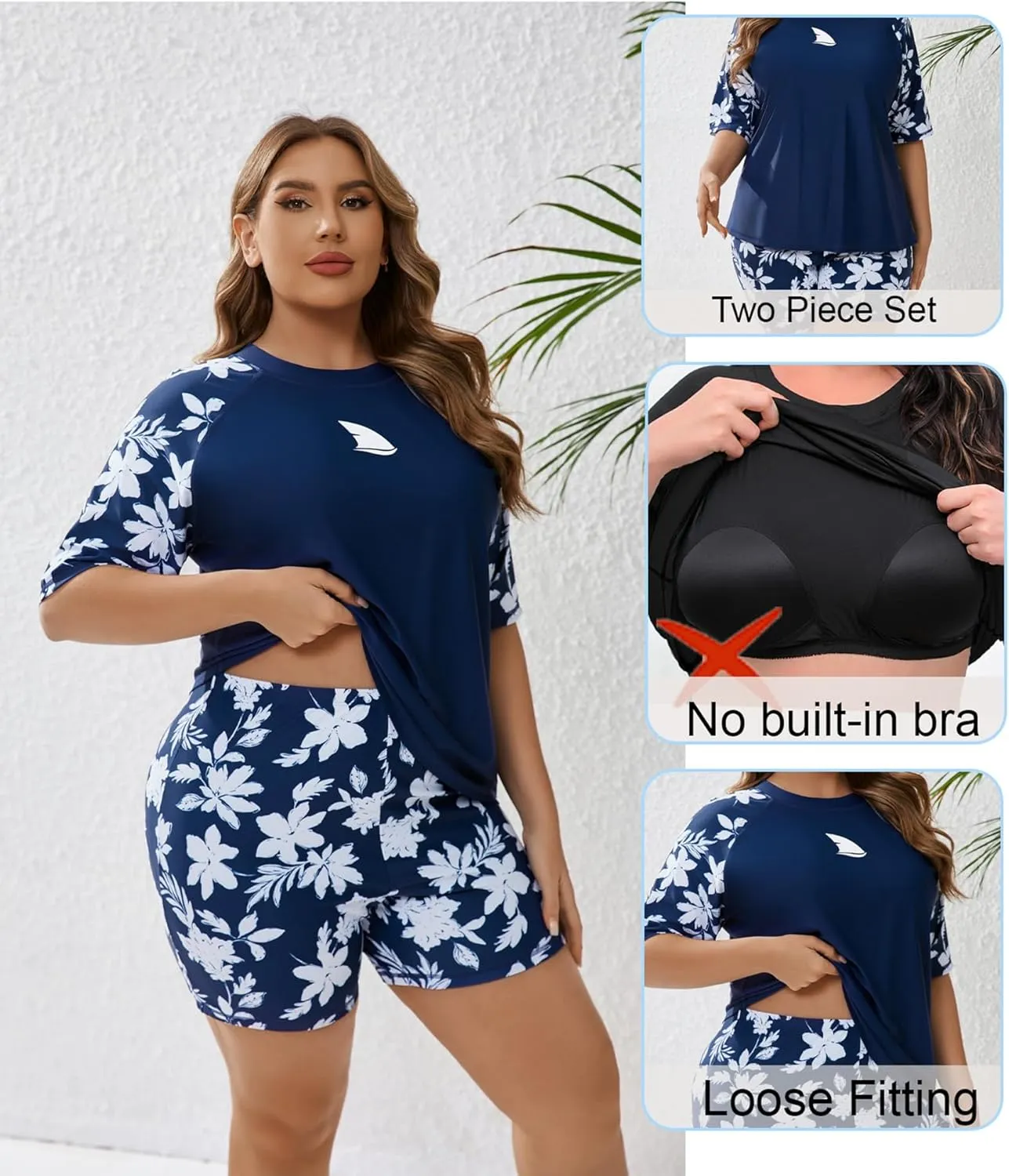 Womens Two Piece Plus Size Short Sleeve Rash Guard Sets Modest Swim Shirts Top and Shorts UPF50  Swimsuit