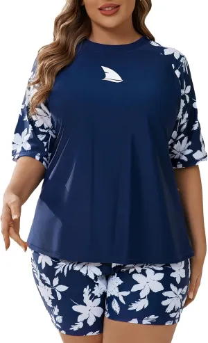 Womens Two Piece Plus Size Short Sleeve Rash Guard Sets Modest Swim Shirts Top and Shorts UPF50  Swimsuit