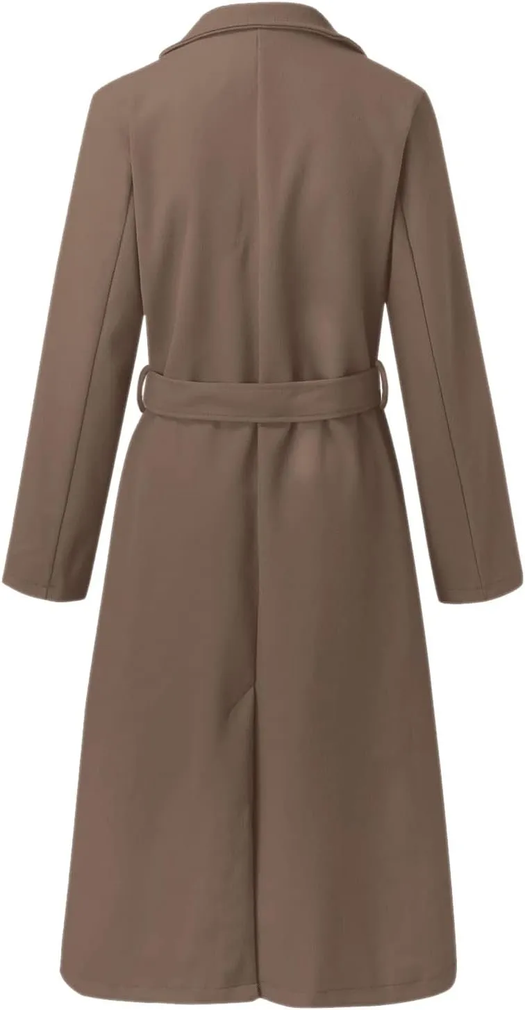 Womens Winter Belted Coats Notch Long Wrap Trench Coat Open Front Maxi Peacoats Thicken Wool Blend Winter Outerwear