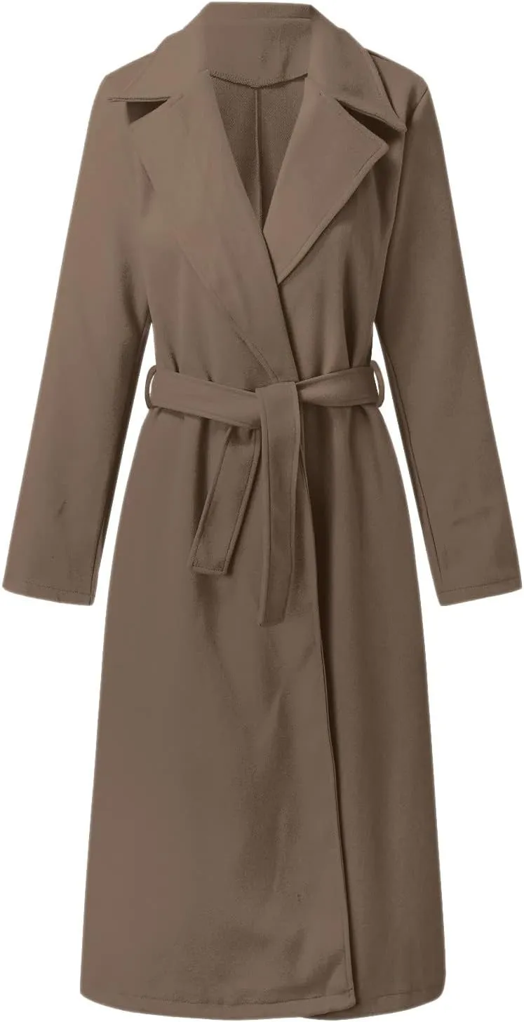 Womens Winter Belted Coats Notch Long Wrap Trench Coat Open Front Maxi Peacoats Thicken Wool Blend Winter Outerwear