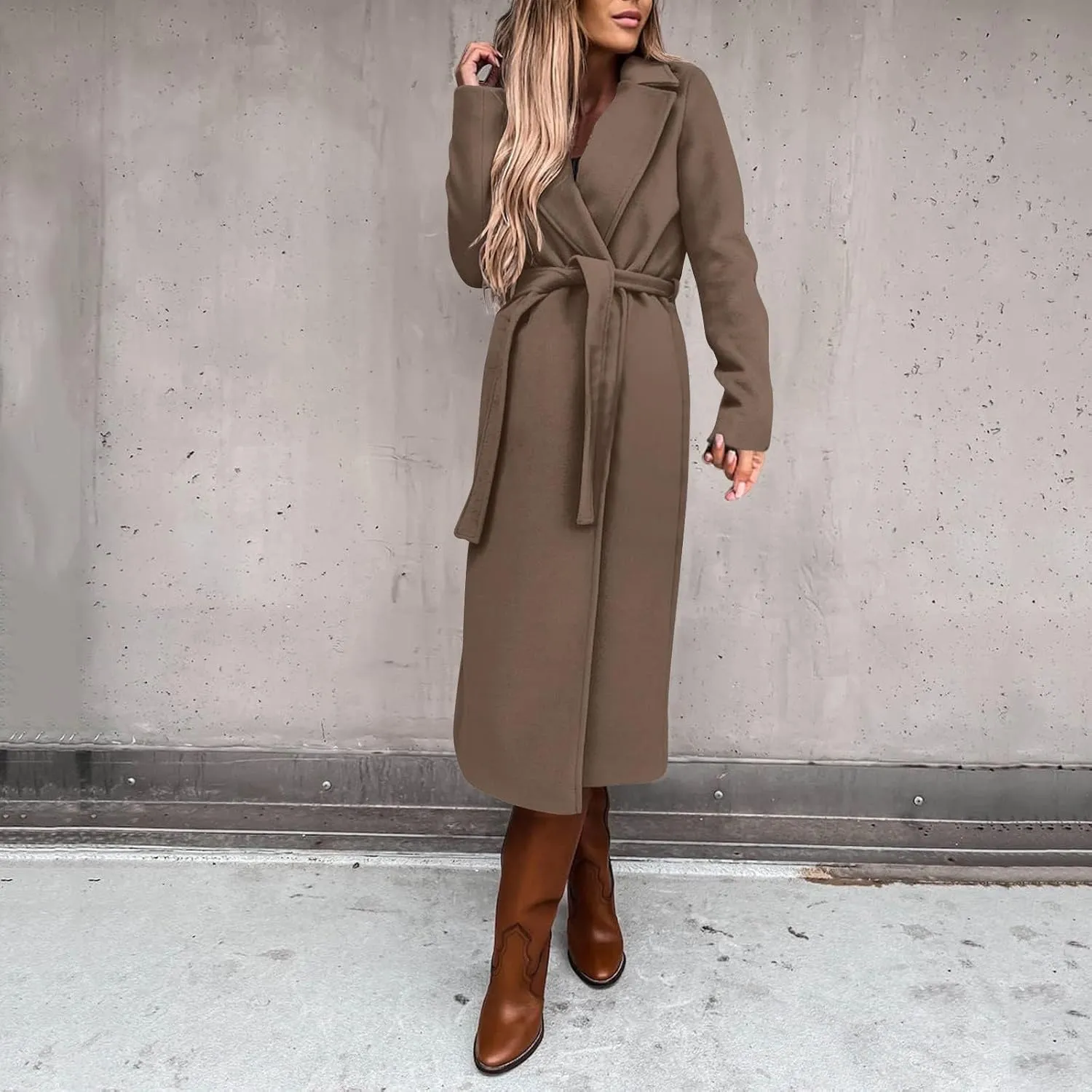 Womens Winter Belted Coats Notch Long Wrap Trench Coat Open Front Maxi Peacoats Thicken Wool Blend Winter Outerwear