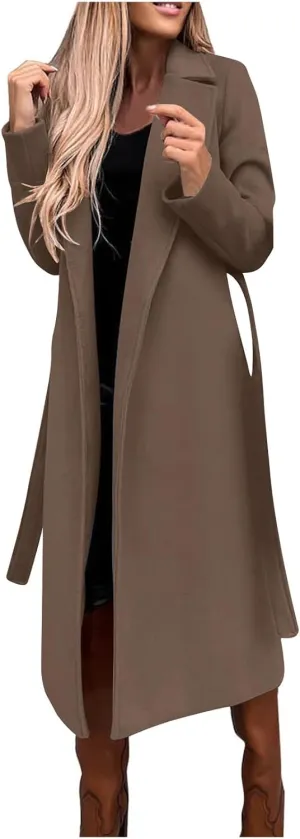 Womens Winter Belted Coats Notch Long Wrap Trench Coat Open Front Maxi Peacoats Thicken Wool Blend Winter Outerwear