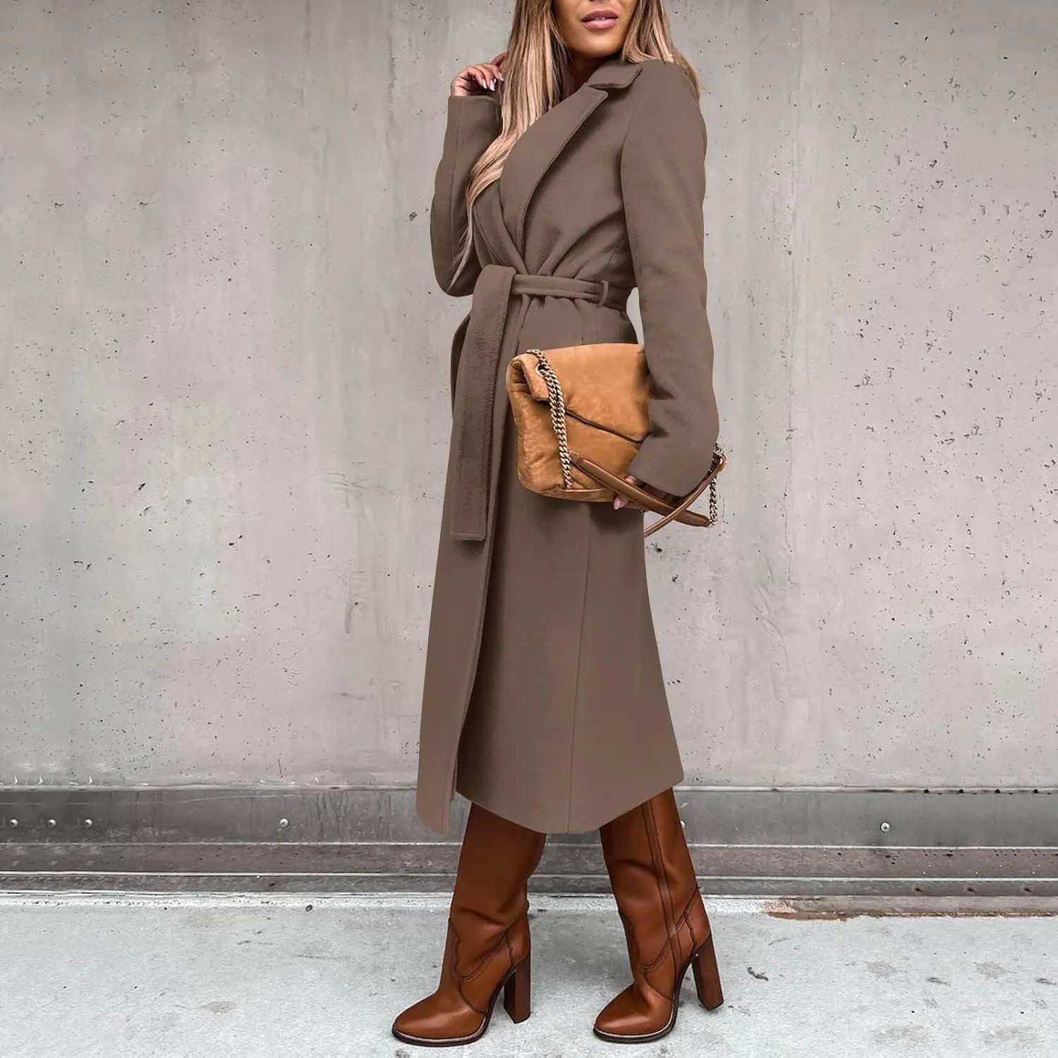 Womens Winter Belted Coats Notch Long Wrap Trench Coat Open Front Maxi Peacoats Thicken Wool Blend Winter Outerwear