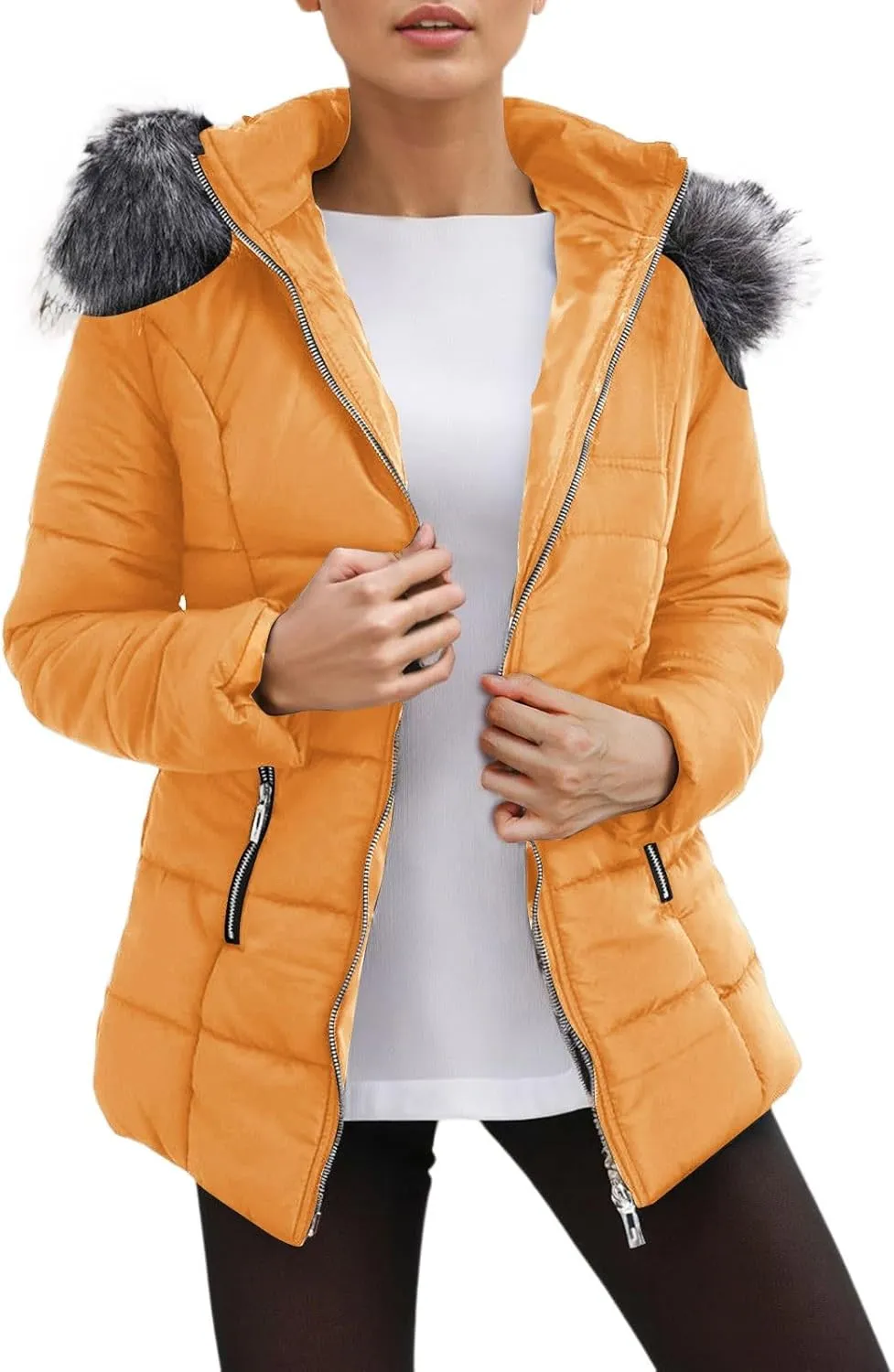 Women's Winter Down Coats Windproof Warm Waterproof Thicken Fashion Zip Up Puffer Jackets Parkas with Faux Fur Hood