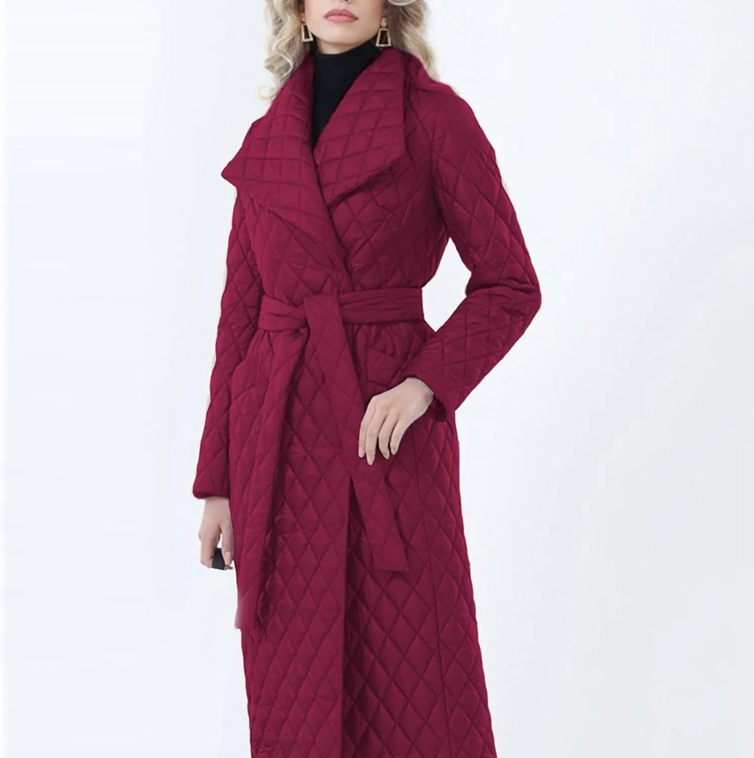 Womens Winter Elegant Solid Long Coat with Belt Long Sleeve Lapel Overcoat Lightweight Warm Slim Outwear Business Suits