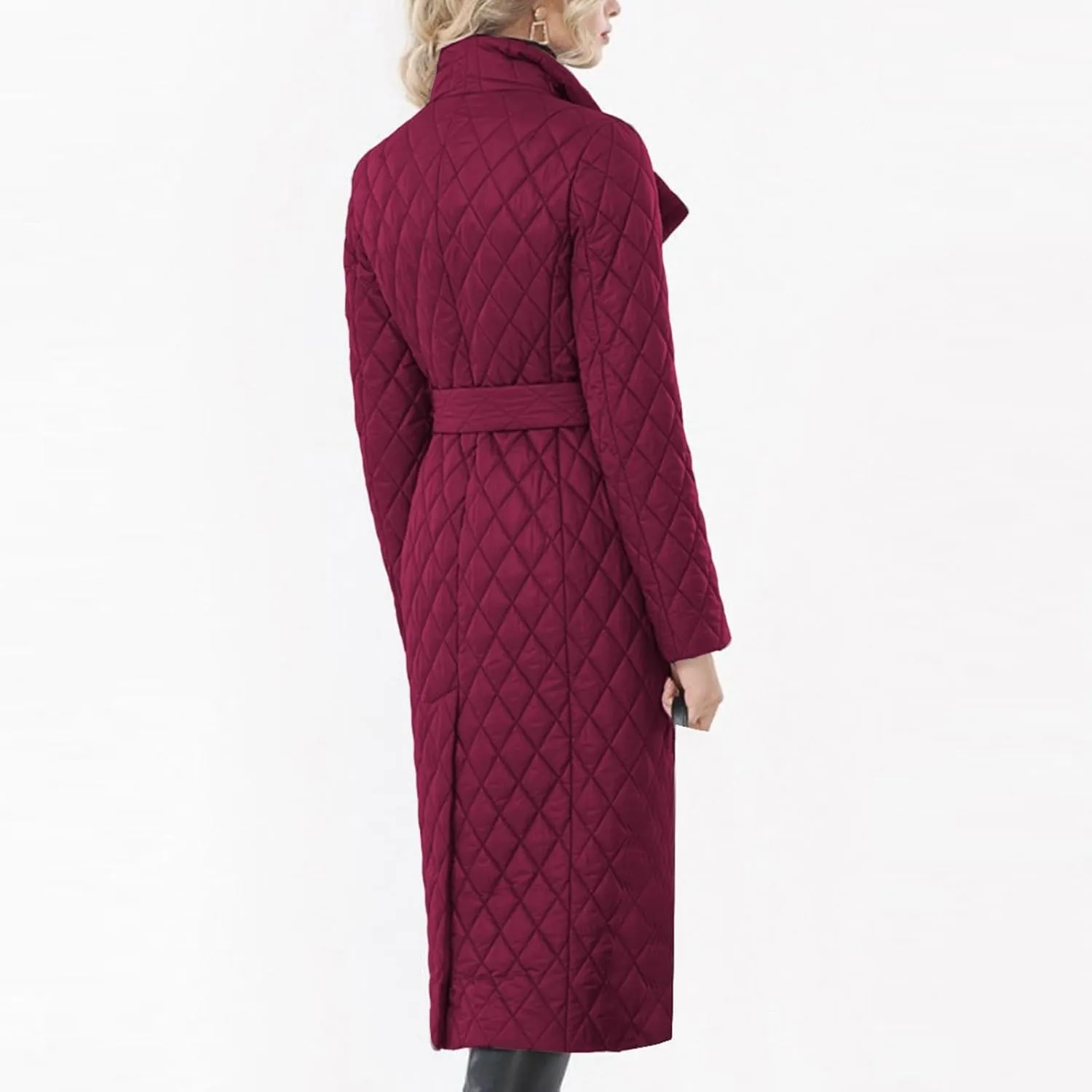 Womens Winter Elegant Solid Long Coat with Belt Long Sleeve Lapel Overcoat Lightweight Warm Slim Outwear Business Suits
