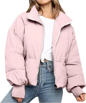 Women's Winter Short Puffer Down Jacket Coat Ladies Fashion Solid Long Sleeve Full Zipper Baggy Padded Outerwear