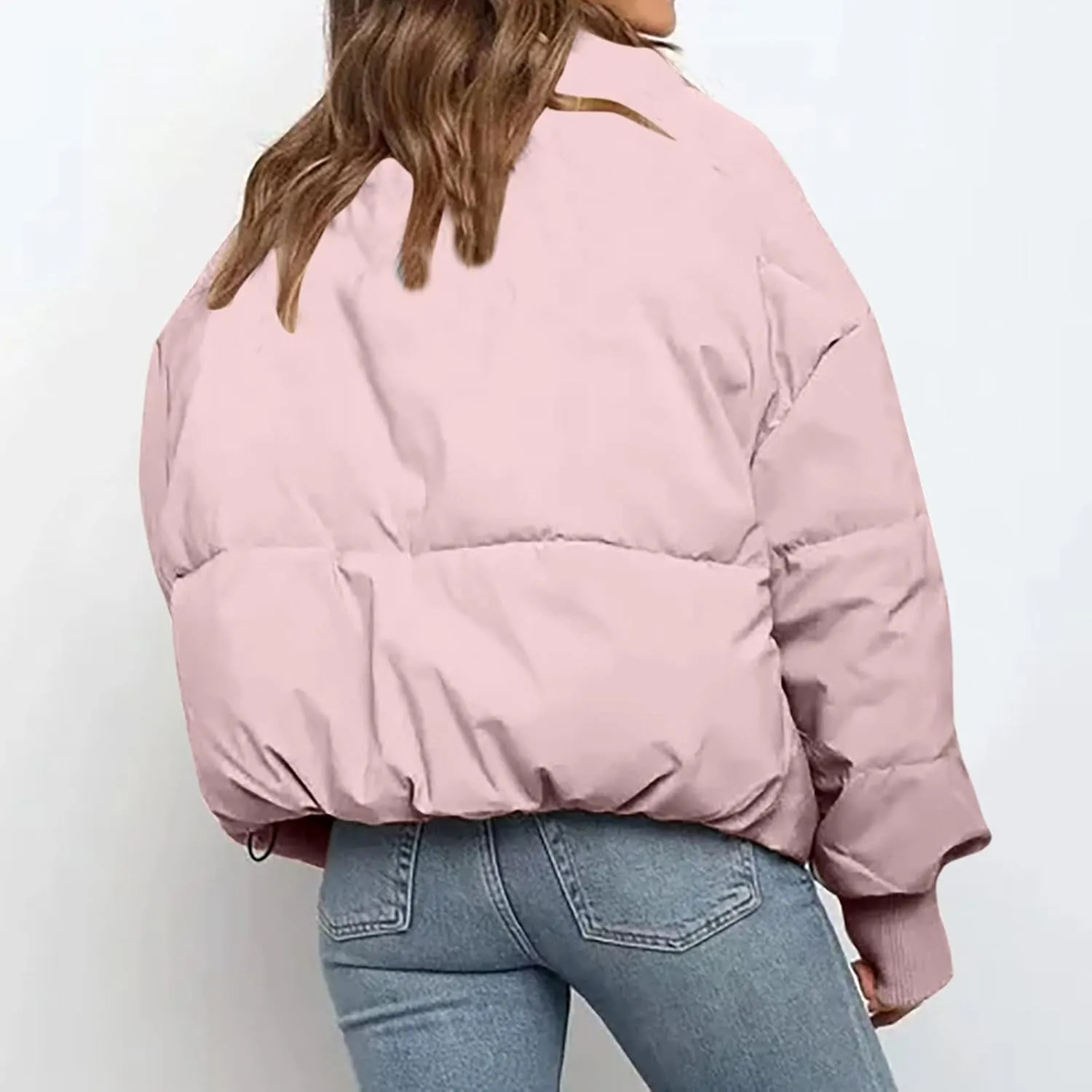 Women's Winter Short Puffer Down Jacket Coat Ladies Fashion Solid Long Sleeve Full Zipper Baggy Padded Outerwear