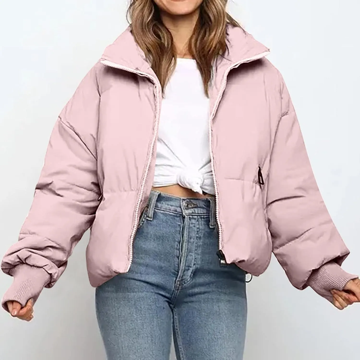 Women's Winter Short Puffer Down Jacket Coat Ladies Fashion Solid Long Sleeve Full Zipper Baggy Padded Outerwear