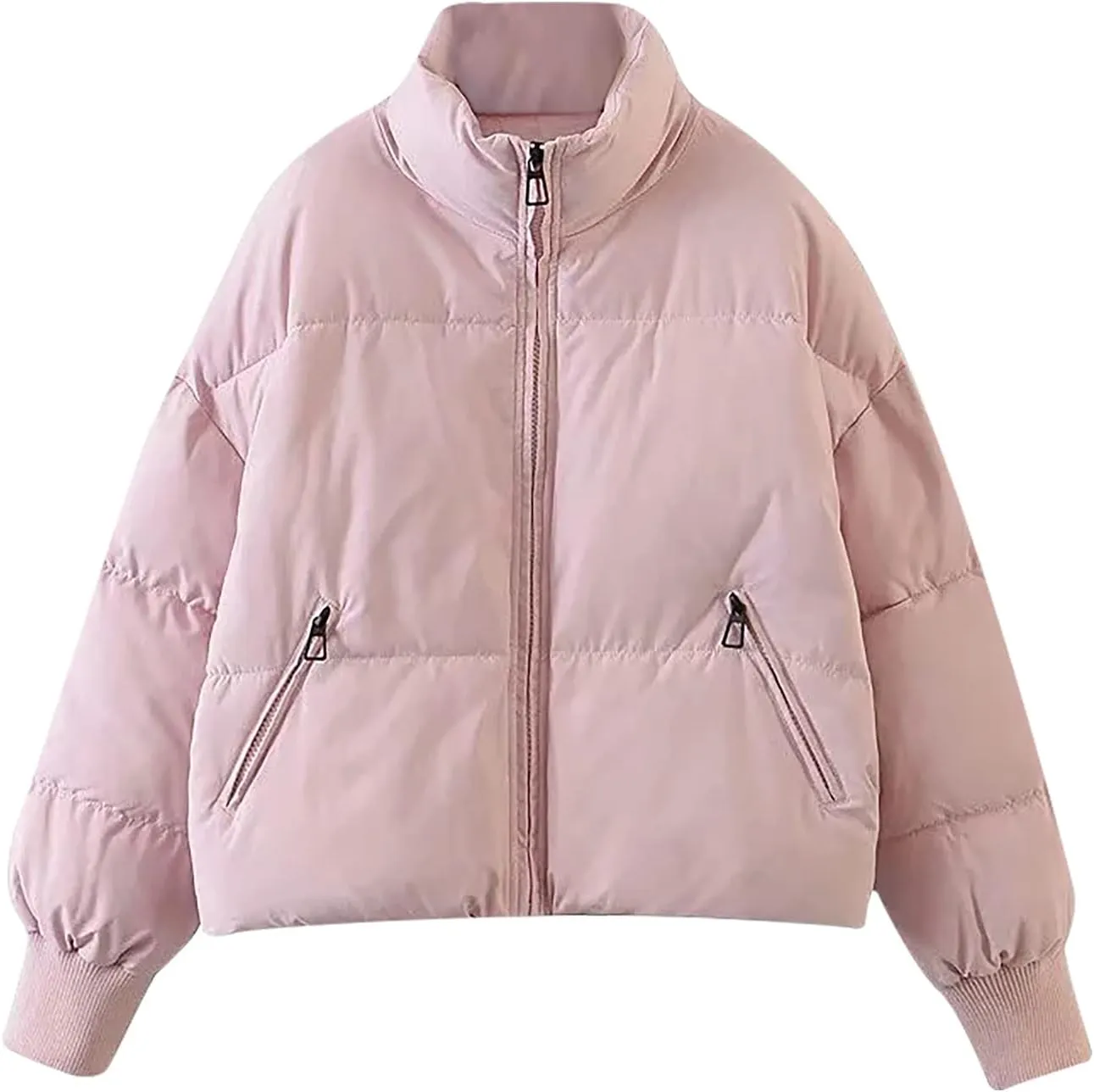 Women's Winter Short Puffer Down Jacket Coat Ladies Fashion Solid Long Sleeve Full Zipper Baggy Padded Outerwear