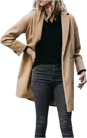 Womens Winter Wool Jacket Classic Casual Solid Notched Collar Buttons Pea Coat Elegant Warm Lightweight Trench Coats