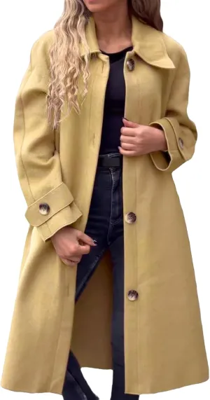 Womens Wool Blend Coat Button Down Long Sleeve Jackets Winter Lapel Open Front Coats Trendy Trench Coat