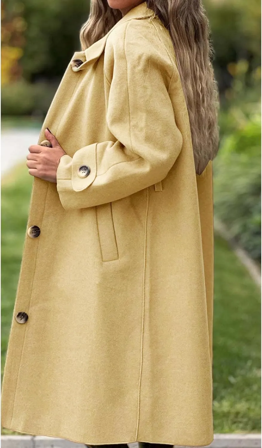 Womens Wool Blend Coat Button Down Long Sleeve Jackets Winter Lapel Open Front Coats Trendy Trench Coat