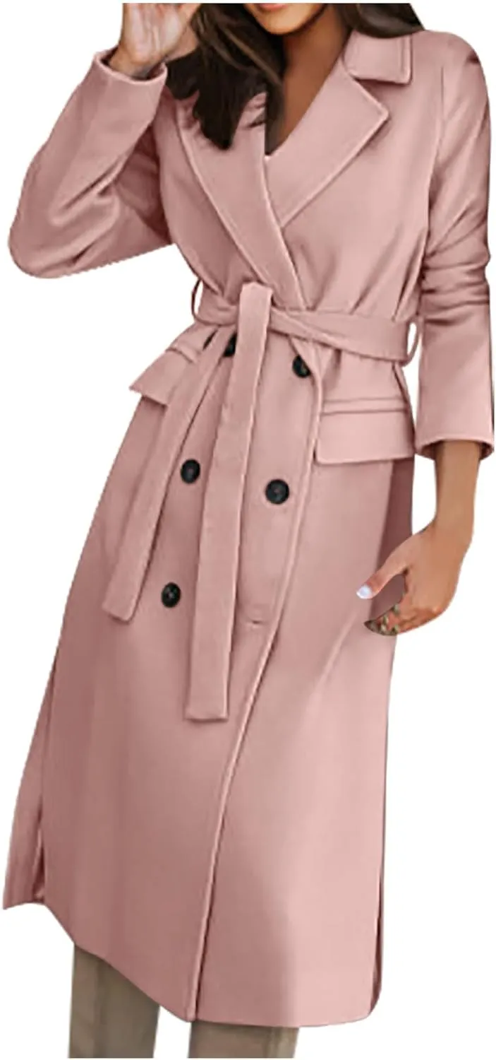 Women's Wool Blend Coat Oversized Long Coats Casual Winter Warm Double Breasted Pea Coat Jackets Outerwear with Belt